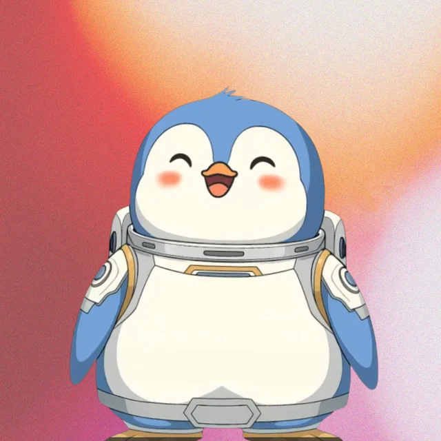 Astronaut penguin in a white and blue space suit, beaming